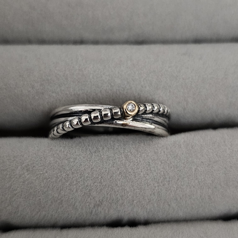 Sinuous Silver and Gold Ring with Pave Stones